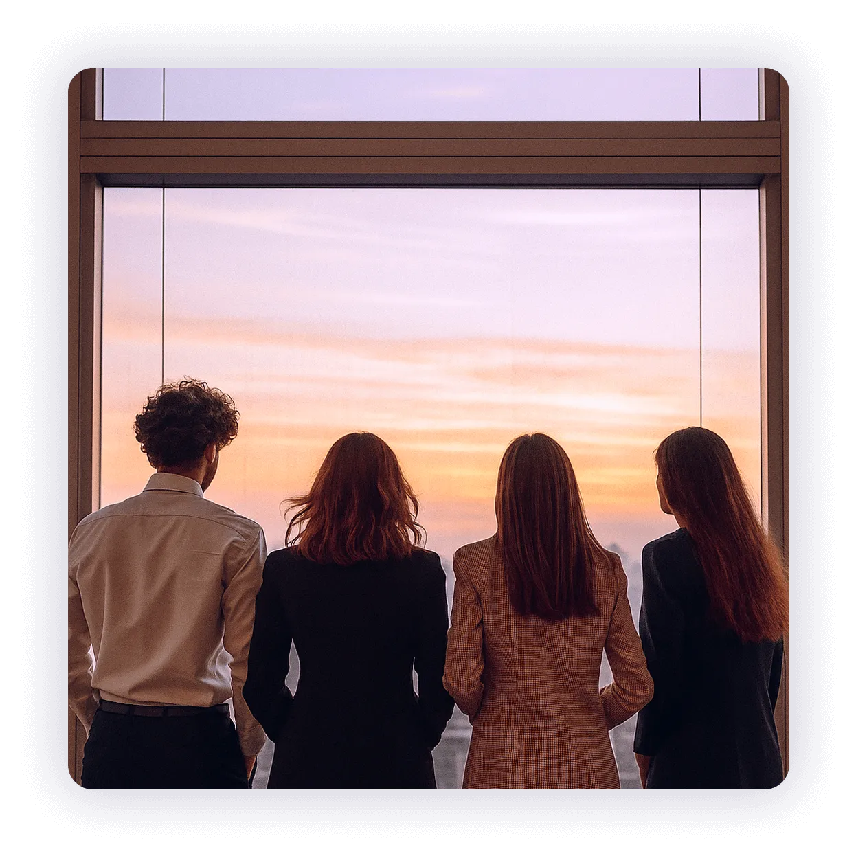Team di professionisti osserva l’orizzonte da una vetrata al tramonto, simbolo di visione e futuro