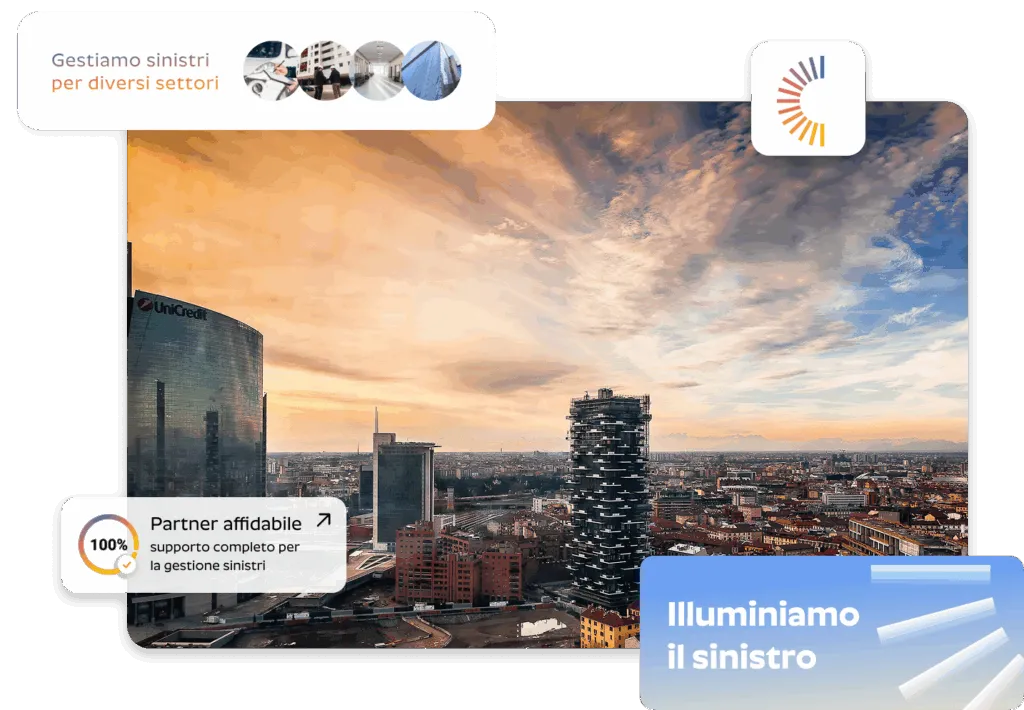 Panorama urbano con grafica informativa sulla gestione sinistri in diversi settori.